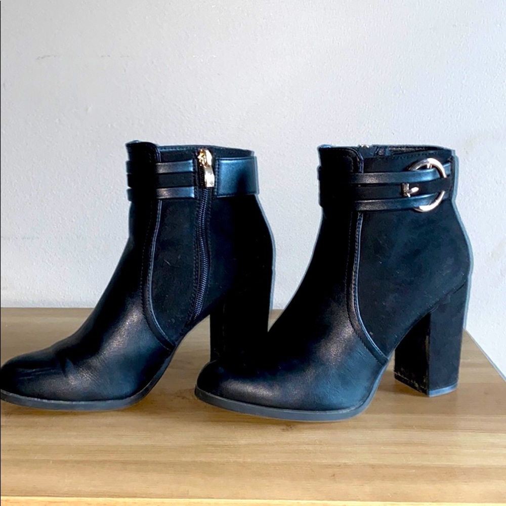 Leather and suede buckle detail booties